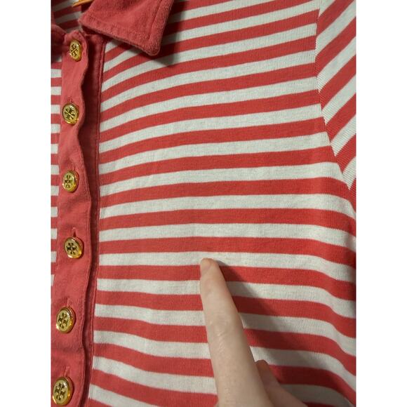 Tory Burch Coral White Polo Striped Collared Shirt Sz M Cotton - Picture 3 of 6